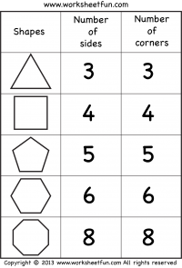 Sides and Corners - Number of sides - Number of corners - Triangle, Square, Pentagon, Hexagon, Octagon - Two Worksheets