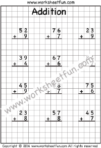 Addition - 1 digit number to a 2 digit number with regrouping - Six Worksheets
