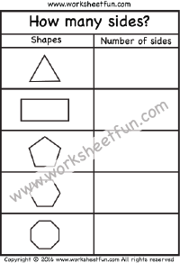 How many sides? - Number of sides -Triangle, Rectangle, Pentagon, Hexagon, Octagon - One Worksheet