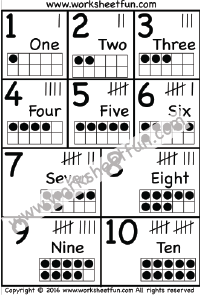 Numbers 1-10 - Numbers in words - Tally Marks - Ten Frame - One Worksheet