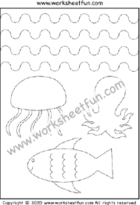 Picture Tracing - Sea Animals - Marine Animals - Jellyfish, Octopus, Fish - Two Worksheets